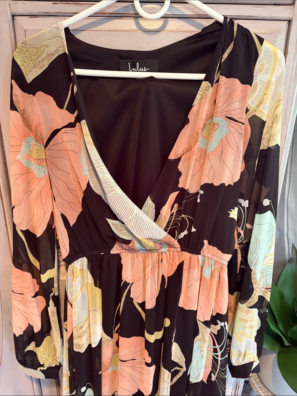 Lulu's Black Maxi Dress with Peach and Mint Floral Print